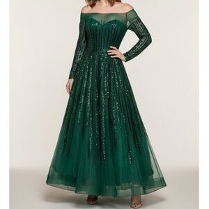 FOUAD SARKIS COUTURE Allure Off-Shoulder Sequin Gown, Emerald Green, FR40/US8